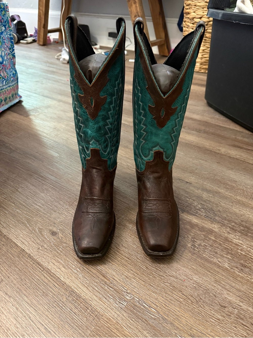 Abilene Boot Co. Brown and Teal Women's Heeled Cowboy Boots